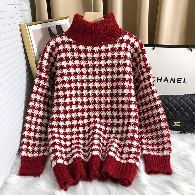 

Korobov Japanese Vintage Turtleneck Women Sweaters Winter New Hit Color Plaid Sueter Mujer Korean Chic Jumper Femme