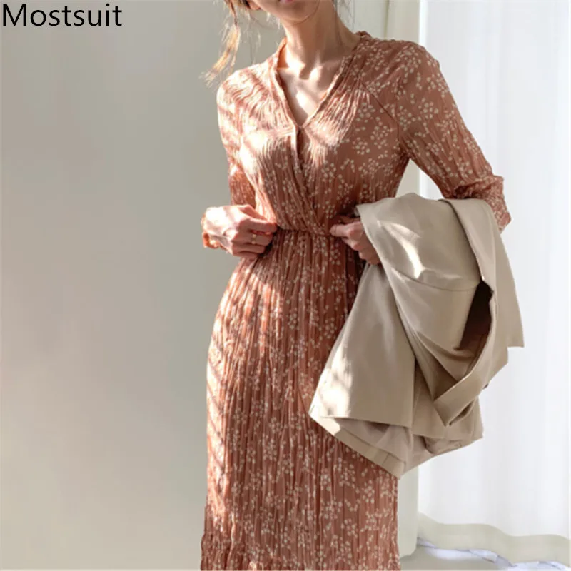 2020 весеннее шифоновое с цветочным принтом корейское длинное платье для женщин