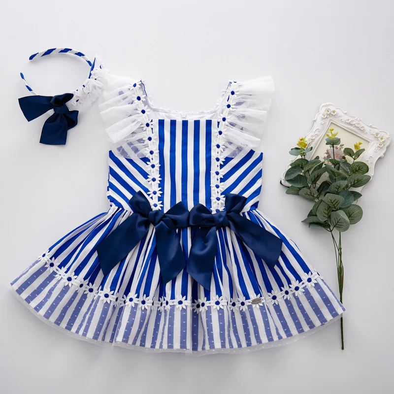 Cutestyles Cotton Vintage Summer Deep Blue Stripe Princess WeddingDresses For Baby Girls With Bow EG-DMGD203-C151 | Детская одежда и