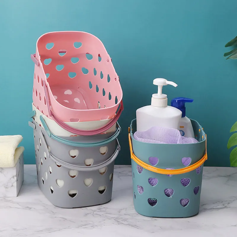 

Полый пластиковый корзина для хранения с ручкой, коробка-органайзер, корзина для ванной, бытовая портативная корзина для душа в форме сердц...