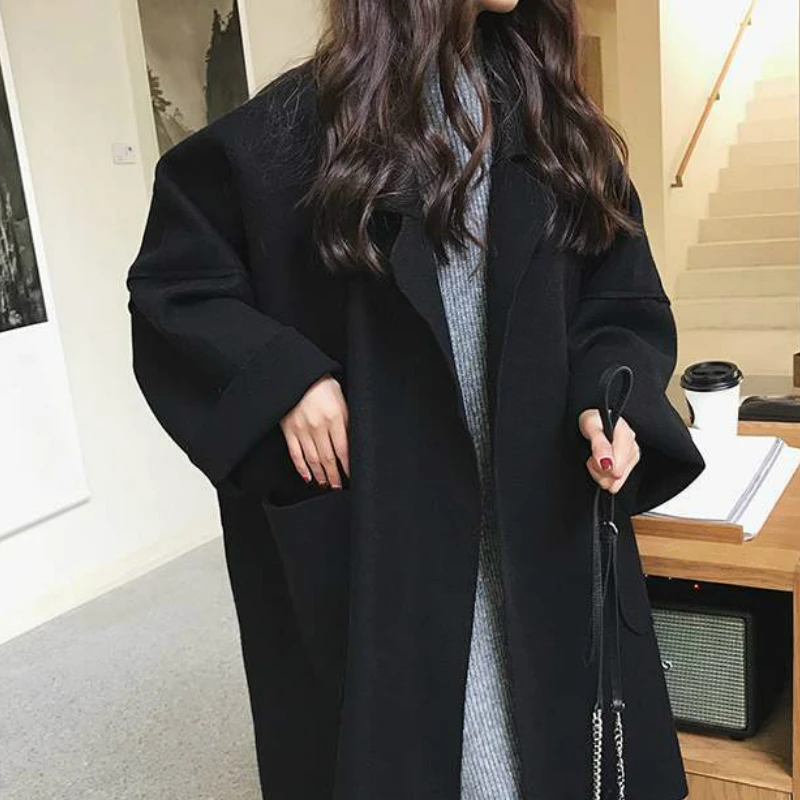 

Oversize Blends Women Solid Elegant Pockets Large Size 4XL Trendy Stylish Long Loose Windbreaker Outwear Casual Coats OL Lady