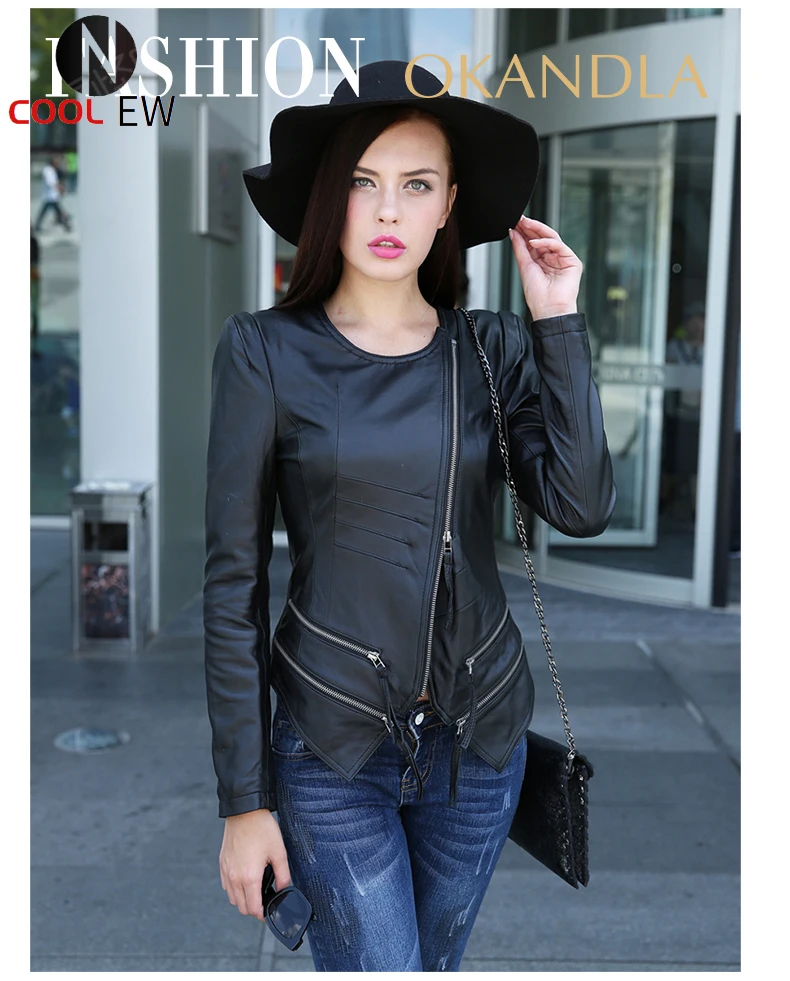 

Free shipping,quality spring casual fashion 100% Genuine leather women slim jackets.Asian plus size female sheepskin jacket