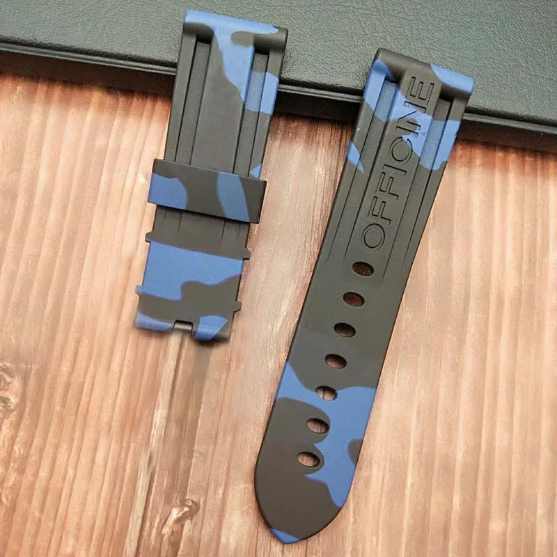 24camo blue strap 24 мм 26 мм черный белый оранжевый Камуфляж красный синий зеленый серый мягкий водостойкий резиновый ремешок для часов для panerai ремень, булавка, пряжка бесплатный инструмент - Цвет ремешка: 24camo blue strap