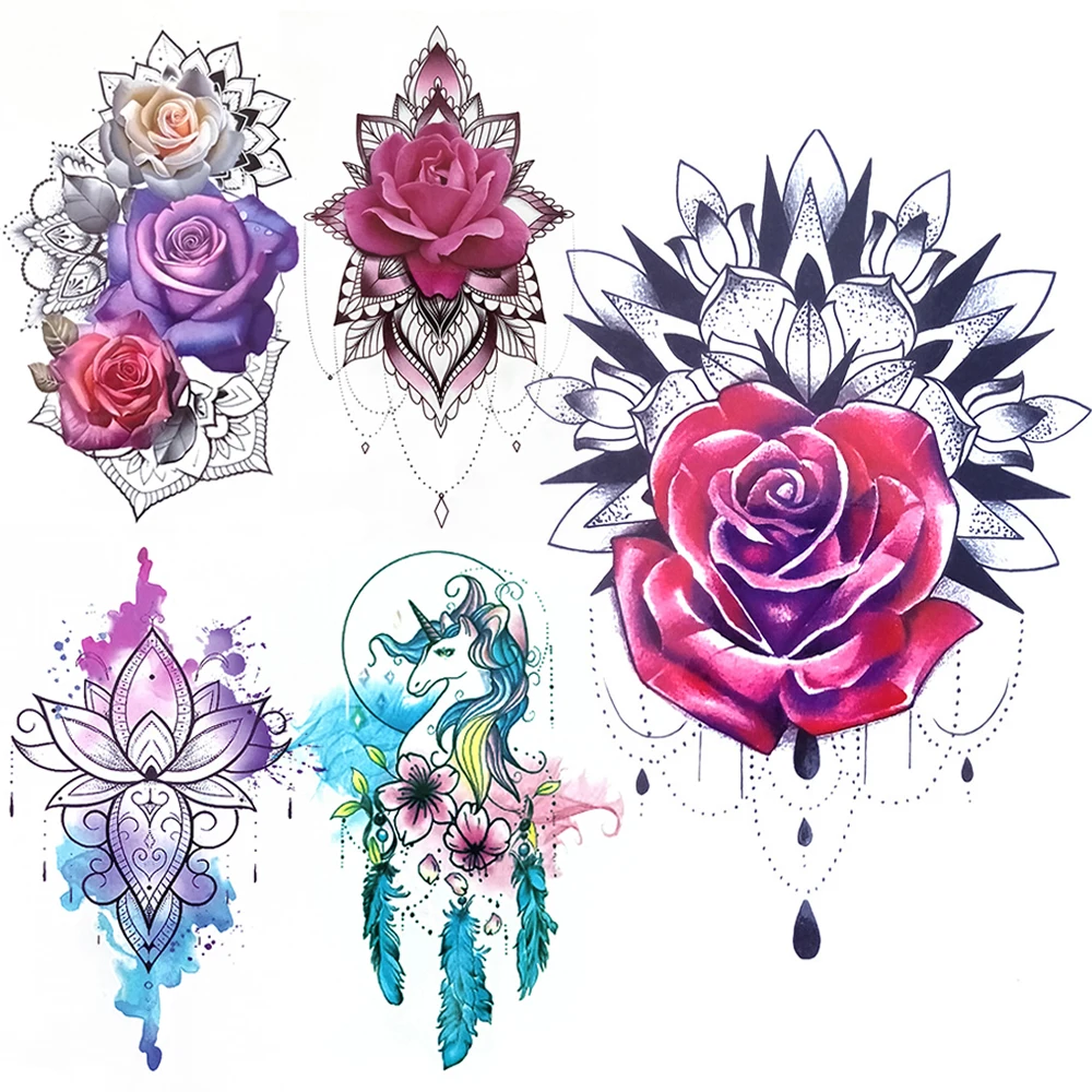 

Pendants Fake Temporary Tattoos For Kids Women Watercolor Rose Flower Tattoo Sticker Lotus Unicorn Henna Feather Tatoo Chest Arm