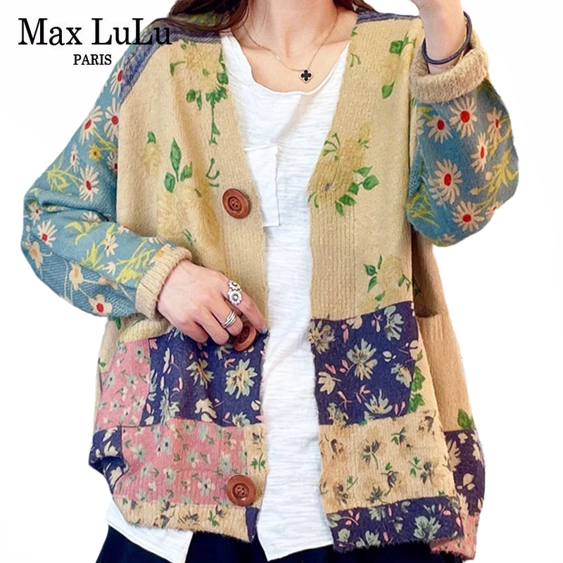 

Max LuLu Women Fashion Sweater Autumn Winter Floral Print Long Sleeve Loose Cardigan 2021 Female Loose Knitted V-Neck Clothes
