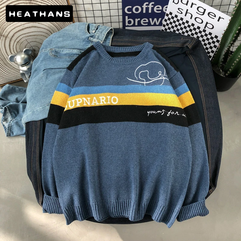 

Autumn Winter Sweaters Male Color Matching Striped ins Sweater Men's Loose Korean Student Sweater Couple Long-sleeves Letter Top