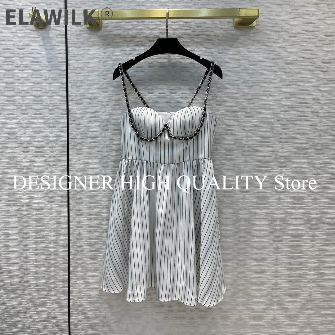 

Женское модельное платье без рукавов, дизайнерское праздничное платье на бретелях-спагетти с металлическими цепочками и вертикальными пол...