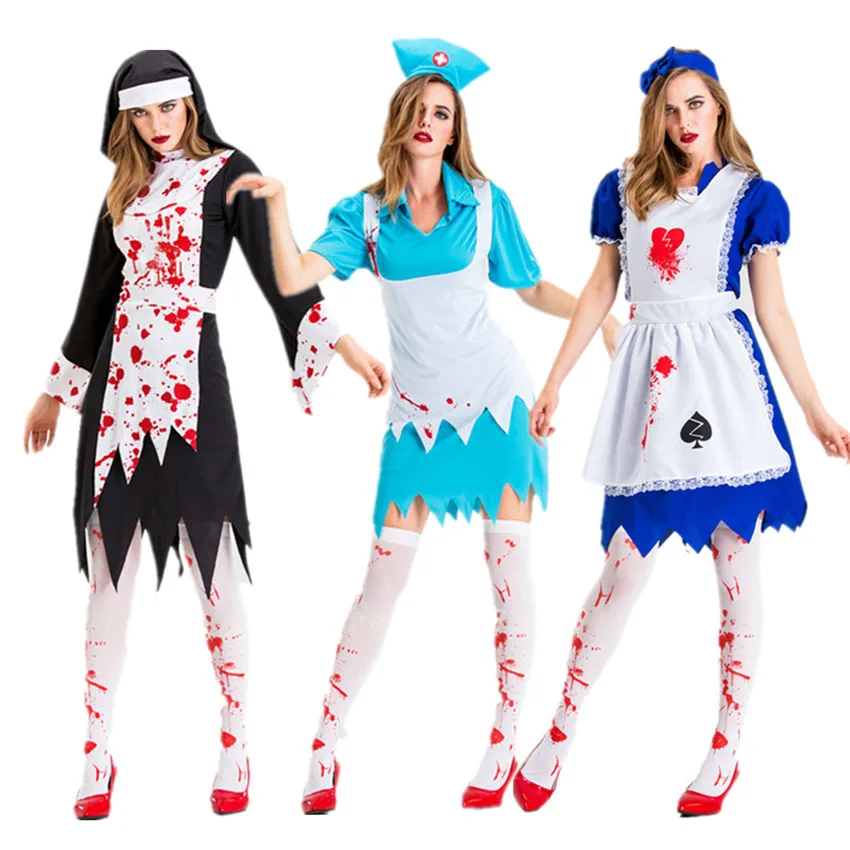 Halloween Women Scary Bloody Horror Cosplay Costume Dress Set Role-playing Zombie Ghost Sexy Fancy Clothing Outfit Adult | Тематическая