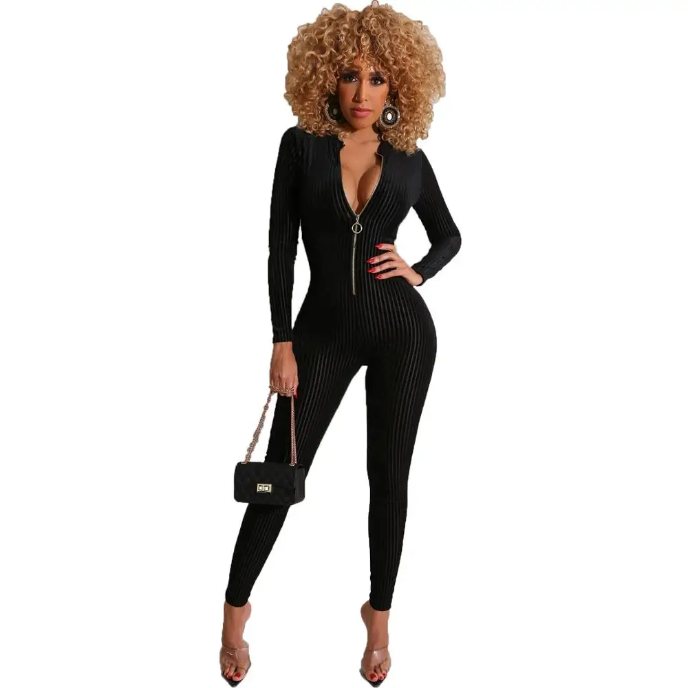 Autumn Winter Women Jumpsuits V-Neck Zipper Full Sleeve Sexy Rompers Night Club Party Outfits Casual Bandage One Piece | Женская одежда