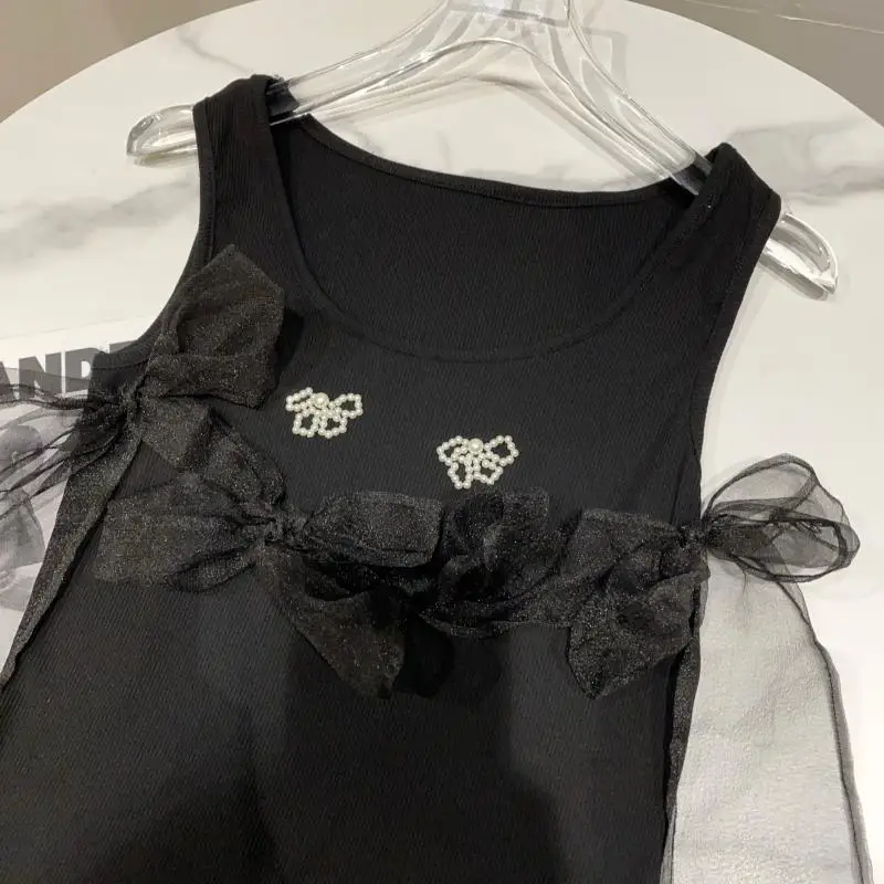 

2021 Summer New Model Style Mesh Bow Pearl Design Ladies Tank Women Fashion Stretchy Slim-Fitting Solid Color Suspenders Vest