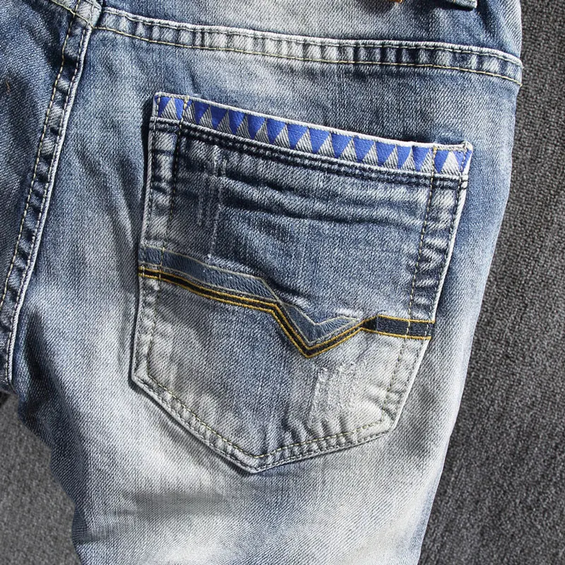 European Vintage Fashion Men Jeans Retro Light Blue Elastic Slim Fit Ripped Jeans Men Korean Designer Casual Denim Pencil Pants