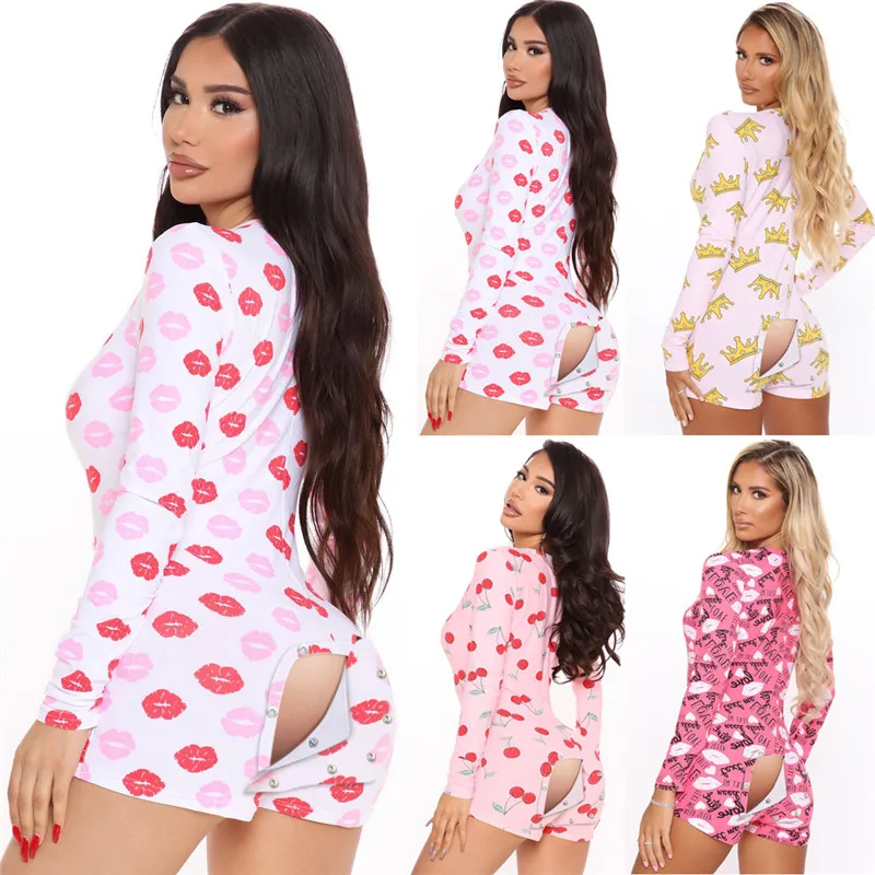 

2021 Sexy Letter Lps Print Bodycon Jumpsuit Long Sleeve Butt Flap Playsuit Women Sleepwear One Piece Nightwear Clubwear Outfits