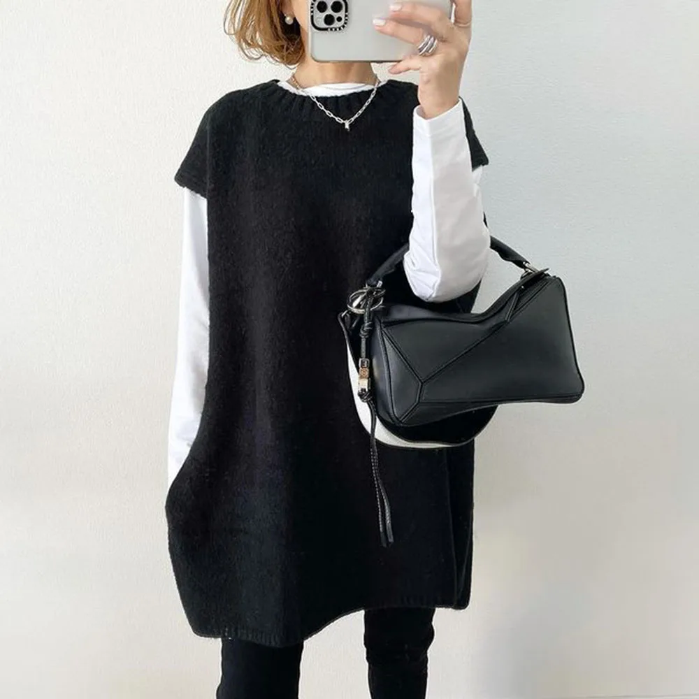 

21/22 Japanese Winter Fashion Trend Sleeveless Garment Regular Patchwork Short Sleeve Women's Sweater