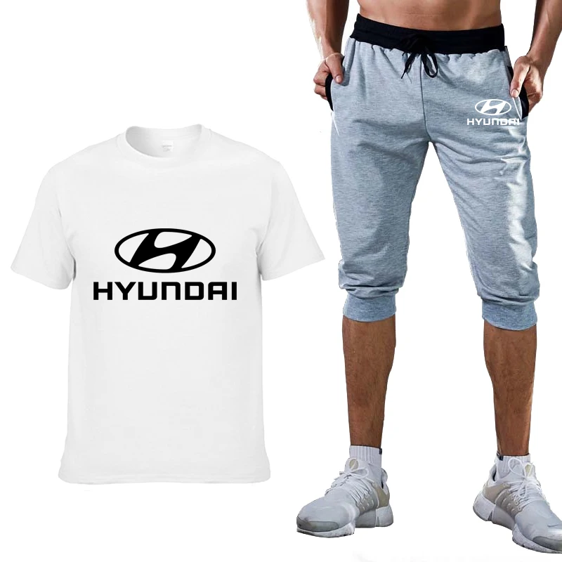 

Fashion Summer Men Short Sleeve Hyundai Motor Car Logo Print Casual Cotton Short Sleeve Mens T-shirt+pants 2PC suit