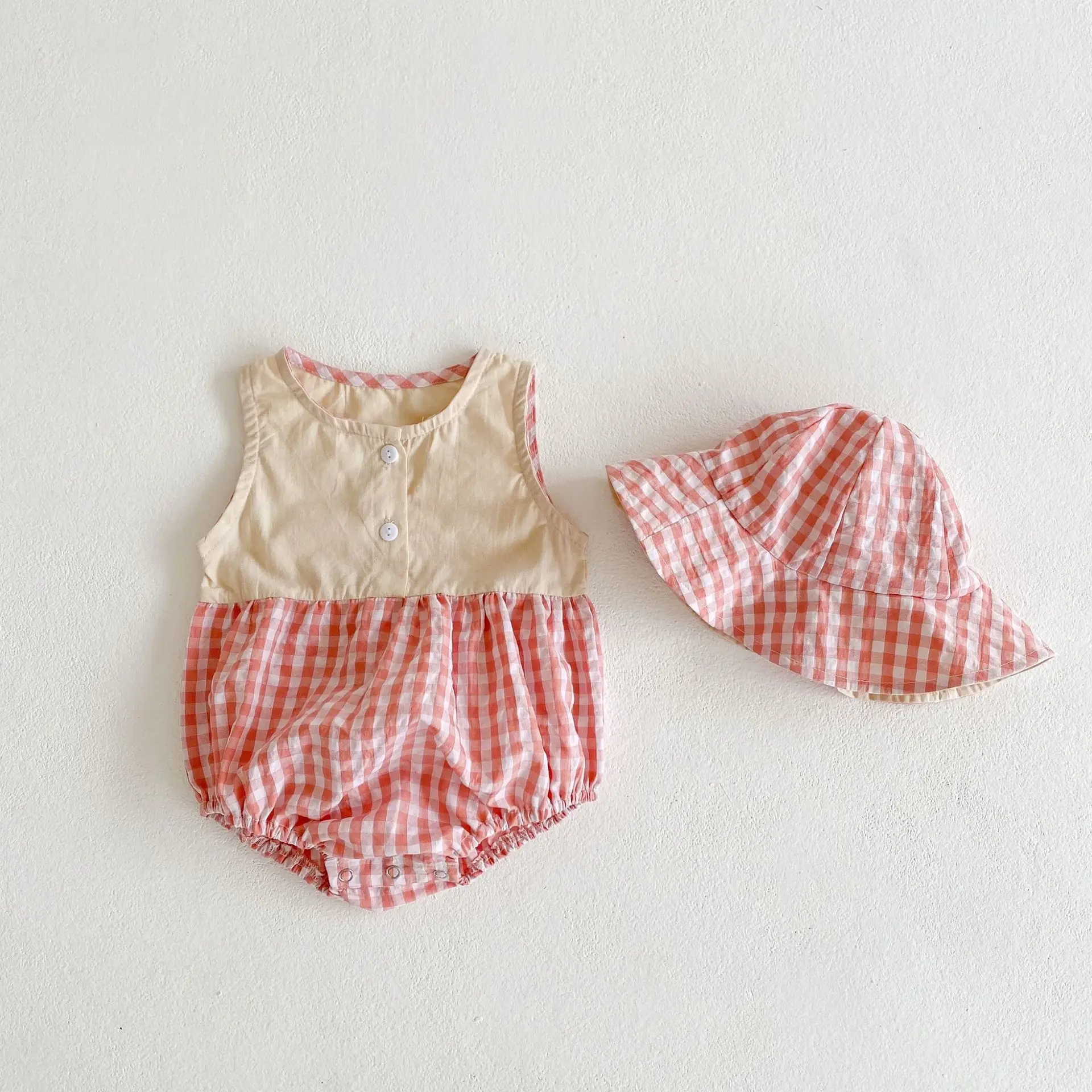 

Summer New Toddler Grid Clothing Baby Girls Stitched Sun Hat Bodysuit Newborn Cotton Jumpsuit With Hat Girl Sleeveless Clothes