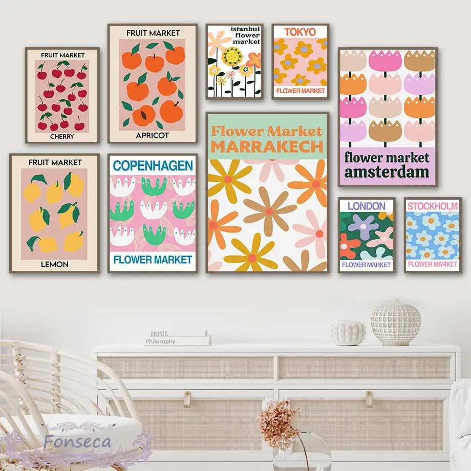 Скандинавские разноцветные постеры с изображением фруктов и цветов на рынке