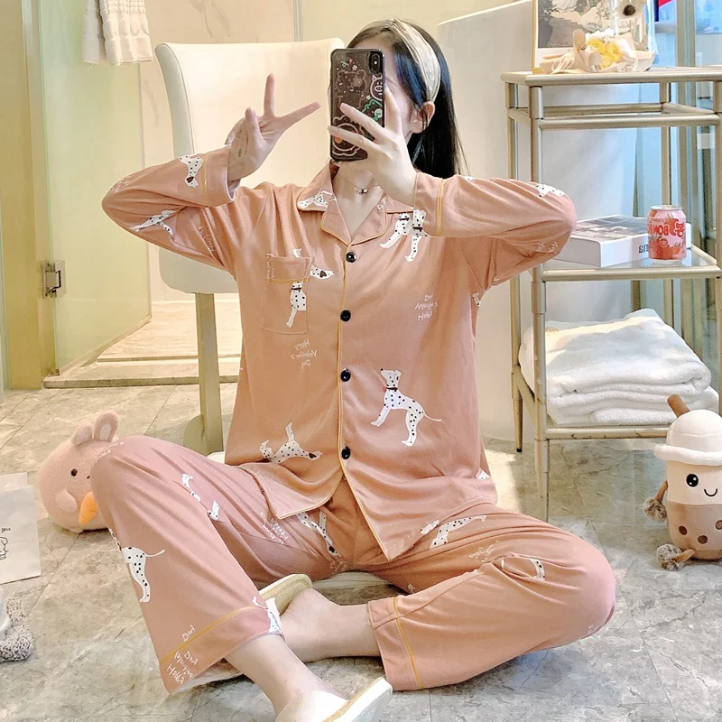 

2021 Spring Autumn Long Sleeve Pajama Sets for Women Cute Cartoon Print Sleepwear Suit Pyjama Homewear Pijama Mujer Home Clothes