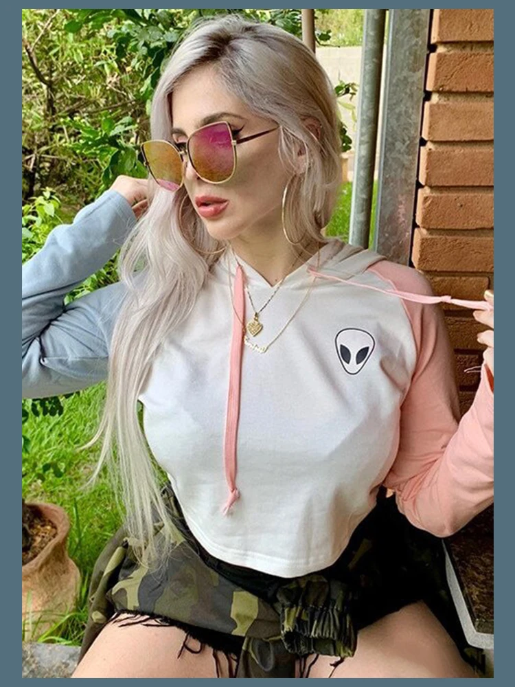 Dotfashion, цветная, с принтом инопланетян, укороченная толстовка, женская, повседневная, осенняя, с капюшоном, с длинным рукавом, пуловеры, для девушек, весна, консервативный Свитшот