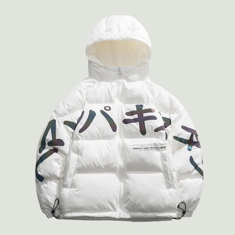 

Hip Hop Harajuku Japan Letter Printed Reflective Hooded Parkas Men Fashion Cotton Padded Warm Coats Unisex New Winter Streetwear
