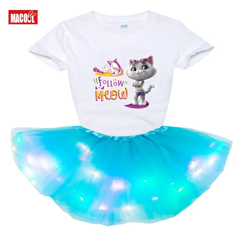 

Girls Boys Clothing Dress Set Summer T Shirt Kids Dress Clothes Outfits Cat New 2Pcs Suit Tutu Dress Light LED Birthday Present