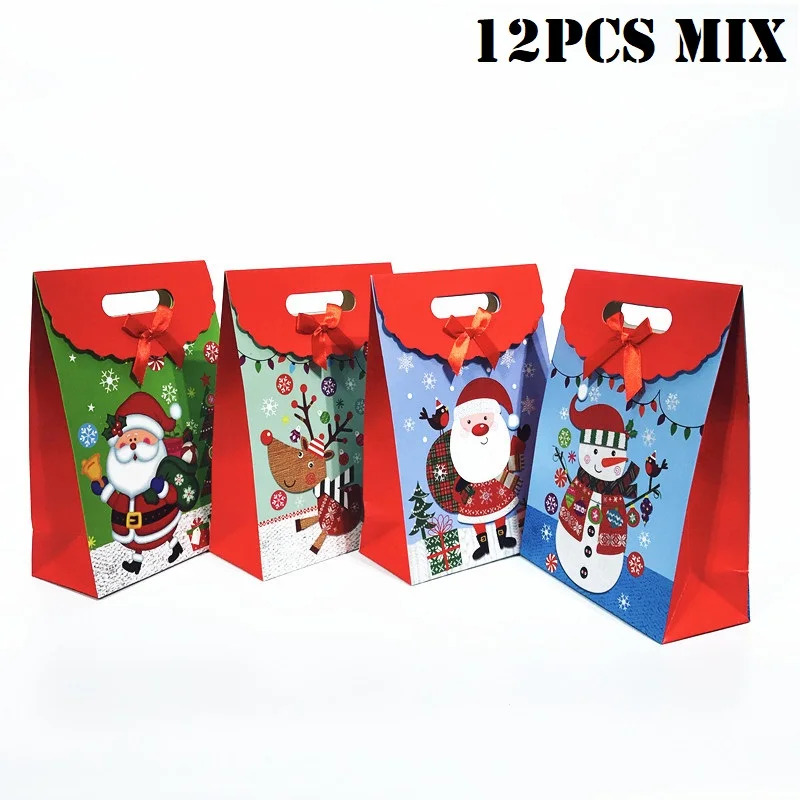 C 12pcs mix 12 шт./компл. ярко-красного цвета с рисунком Санта Клауса, большие сумки, Reutilizables Веселый Рождественский подарок сумки Бумага рождественские конфеты сумка с ручками - Цвет: C 12pcs mix