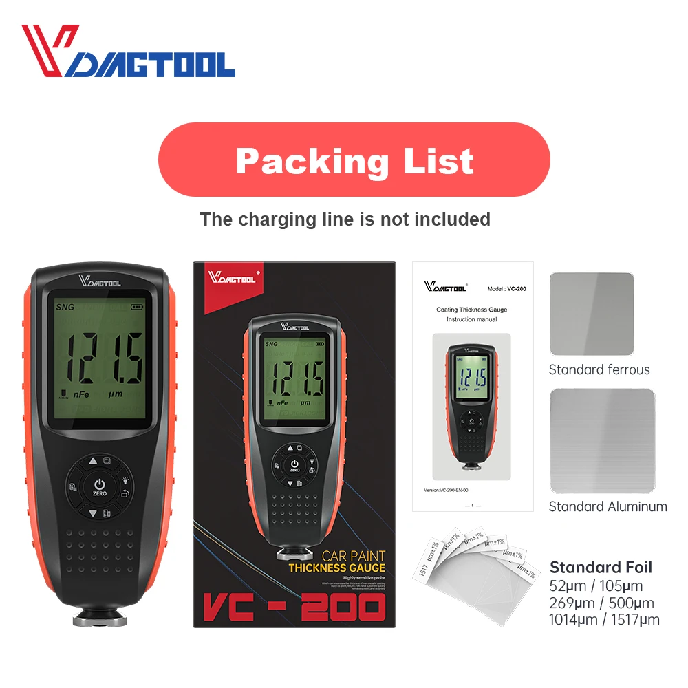 Толщиномер VDIAGTOOL VC200 для автомобилей прибор измерения толщины покрытия Fe/nFe