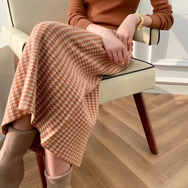 

2022 Autumn Winter Womens Knitted Skirts Korean High Waist Mid-long One-step Skirt Woman Elegant Open-forked Skirts