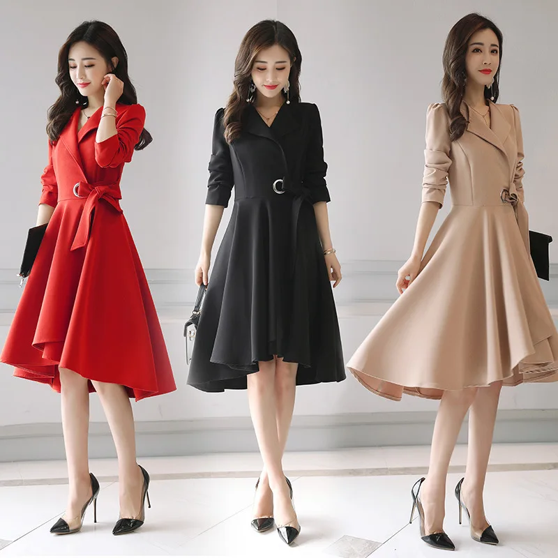 Elegant Long Trench Coat for Women Spring Autumn Outerwear Slim Women's Windbreaker Skirt Shape Coats With Belt YQ105 | Женская