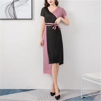 miyake folds 2021 new summer womens fashion dress fashion temperament color matching slim large size lace mid length dress