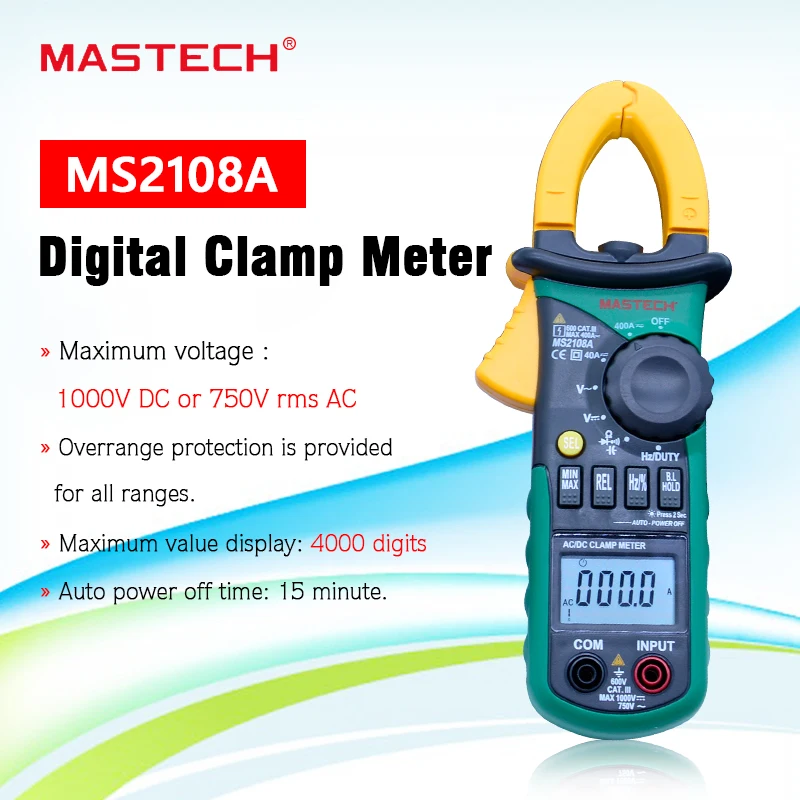 

MASTECH MS2108A Digital Clamp Meter Auto range Multimeter AC 400A Current Voltage Frequency clamp MultiMeter Tester Backlight