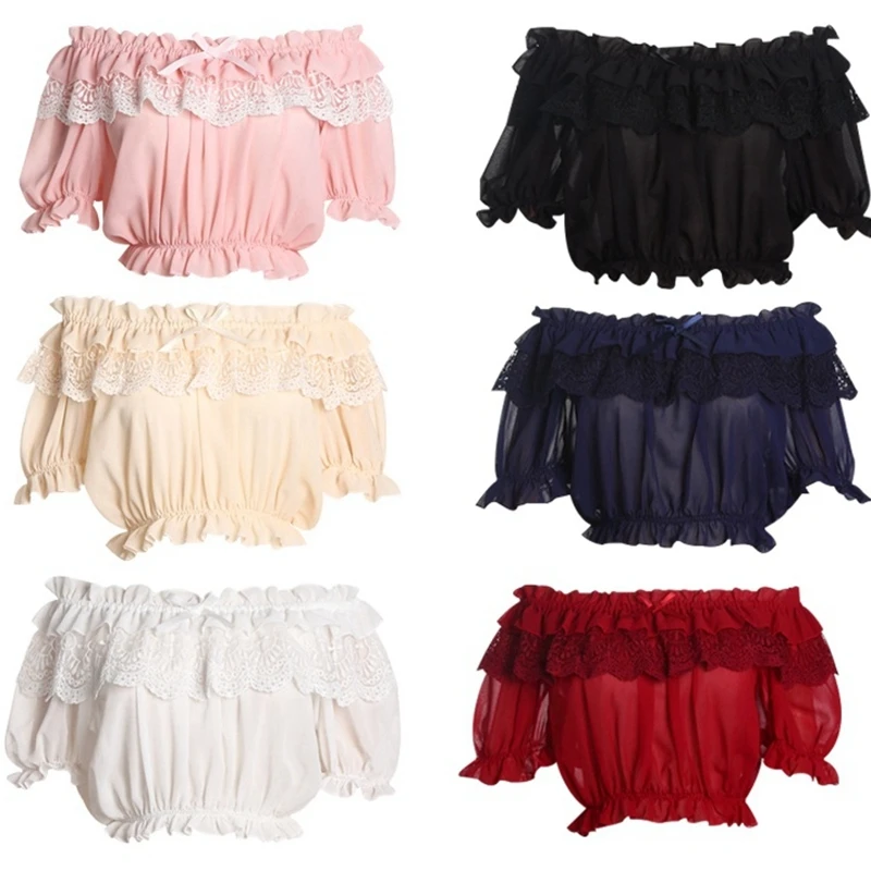 

A0050 Новинка, шифоновая рубашка в стиле "Лолита" с открытыми плечами, чистый цвет, без бретелек