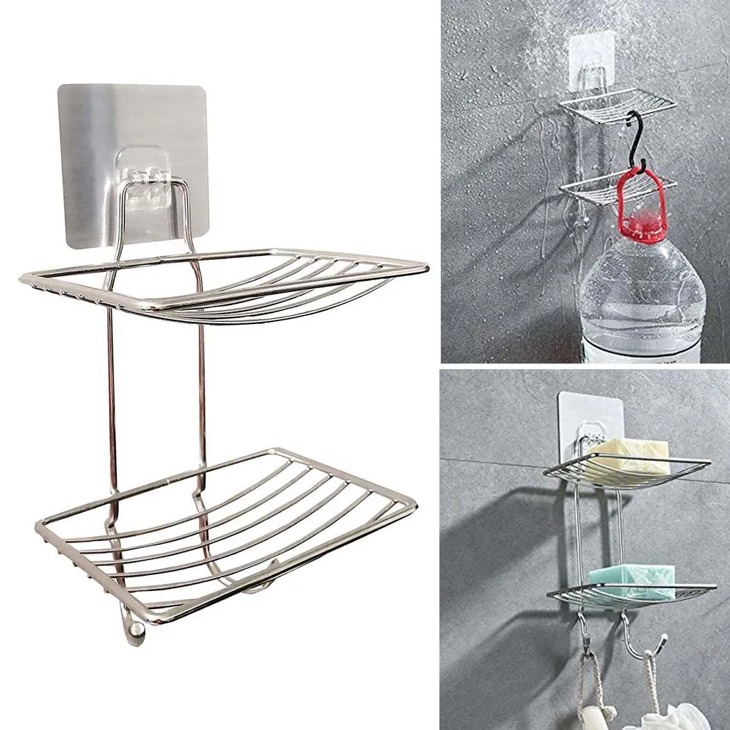 

Non-perforated Stainless Steel Suction Cup Soap Dispenser Bathroom Shelf Multifunctional Adhesive Double-layer Storage Organizer