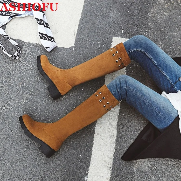 

ASHIOFU Hot 2020 New Handmade Women's Boots Thick Soles Party Prom Mid-calf Boots Evening Club Winter Fashion Boots Brown Shoes