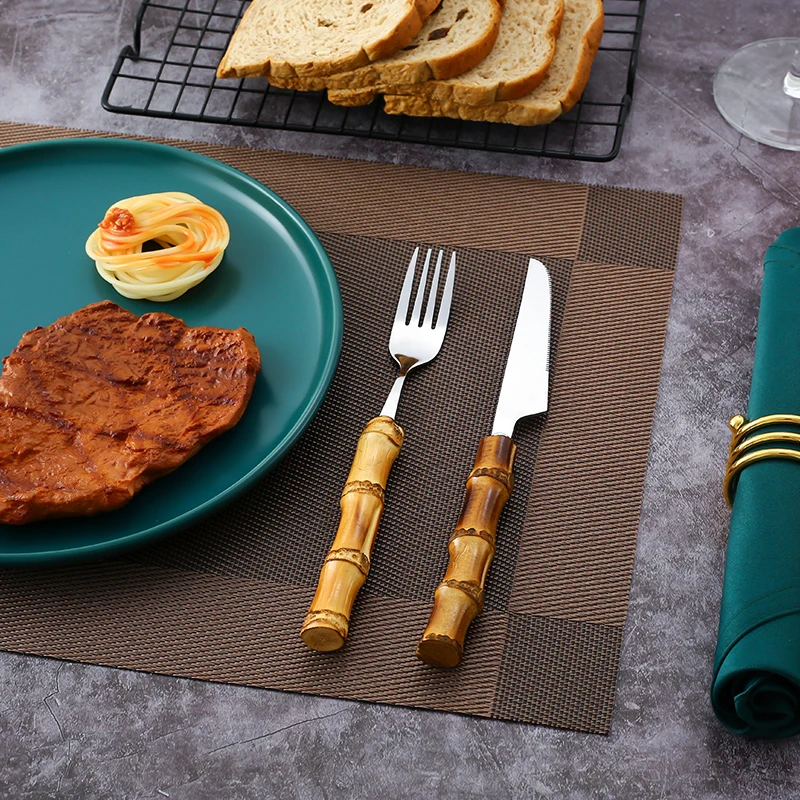 5Pcs Bamboo Handle Tableware Set Stainless Steel Cutlery Knife Fork Spoon Dessert Teaspoon Flatware Pure natural |