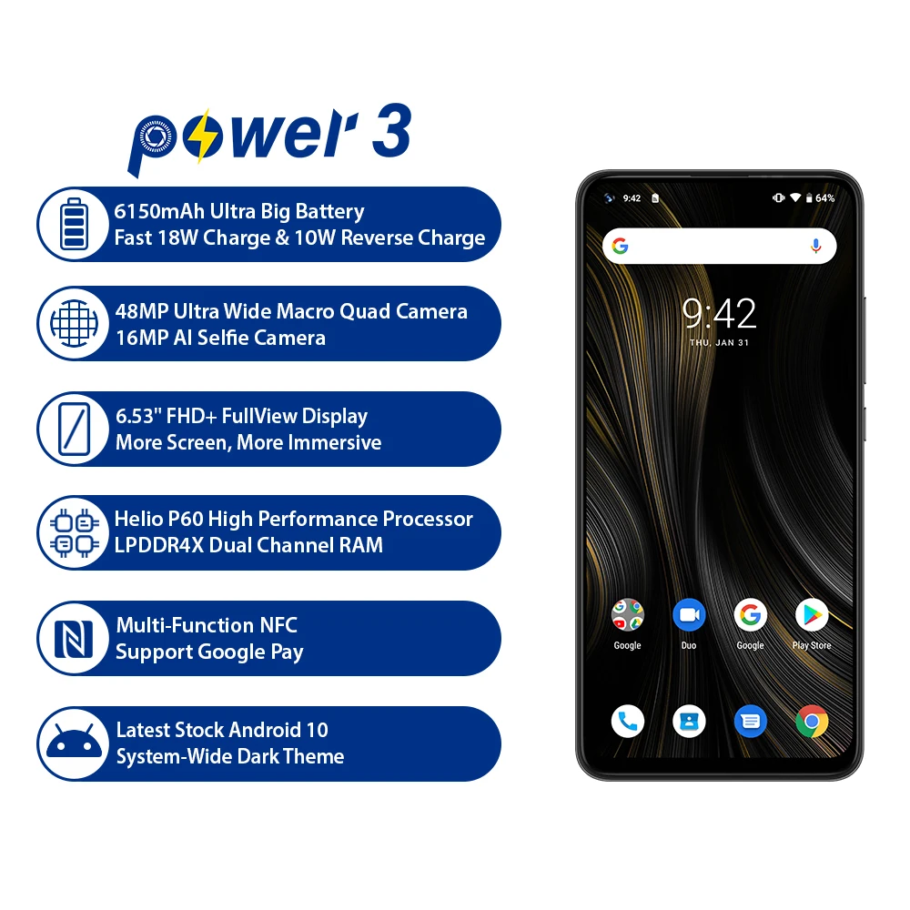 UMIDIGI Мощность 3 Android 10 мобильный телефон на процессоре Helio P60 4 Гб 64 Quick Charge 6 53 &quot48MP