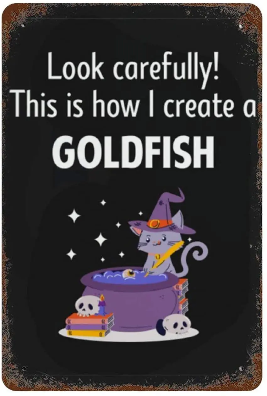 

Witch Cat Goldfish Vintage Metal Sign, Retro Tin Signs for Store, Bar, Home Decoration Retro Tin Sign for Kitchen Wall30X30CM