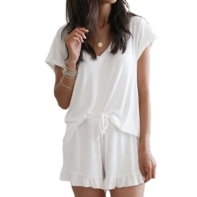 

Комплект из двух предметов с оборками, женская одежда, свободная летняя Пижама, одежда для сна, модный однотонный Повседневный Топ с V-образн...