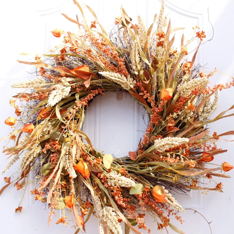 

24 Inch Fall Wreath Front Door Wreath Harvest Wheat Grain Garland Autumn Wreaths for Wedding Wall Home Thanksgiving Decor