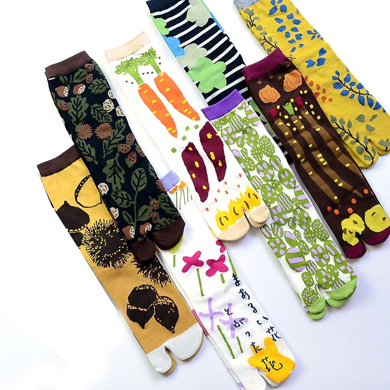 

Free Shipping Women Cartoon Cotton Two Toe Socks Japanese Multicolor Jacquard Split Toe Socks Flowers Art Middle Tube Tabi Sock