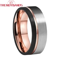tungsten wedding ring flat band black rose gold ring 8mm for men women with offset grooved brushed finish