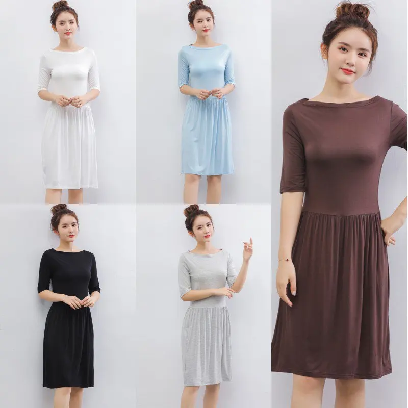 Платье из модала с вырезом лодочкой и коротким рукавом однотонное платье|Женские