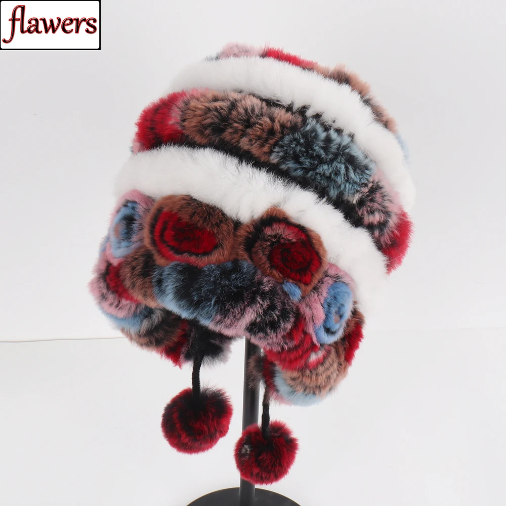 

2023 Hot Sale Russian Female Knitted Genuine Rex Rabbit Fur Beanies Hats Women Winter Fluffy Real Fur Hat Outdoor Elastic Caps