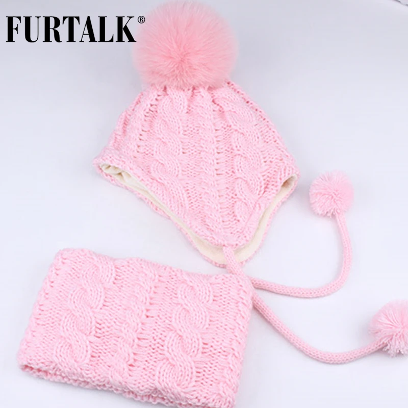 FURTALK, детская зимняя шапка с помпоном, комплект с шарфом для девочек и мальчиков, детская трикотажная шапка, мягкая теплая шапка с помпонами и ушками, Милая зимняя детская шапка