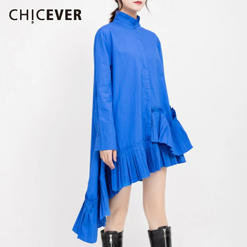 Женское асимметричное платье миди CHICEVER лоскутное с оборками воротником стойкой