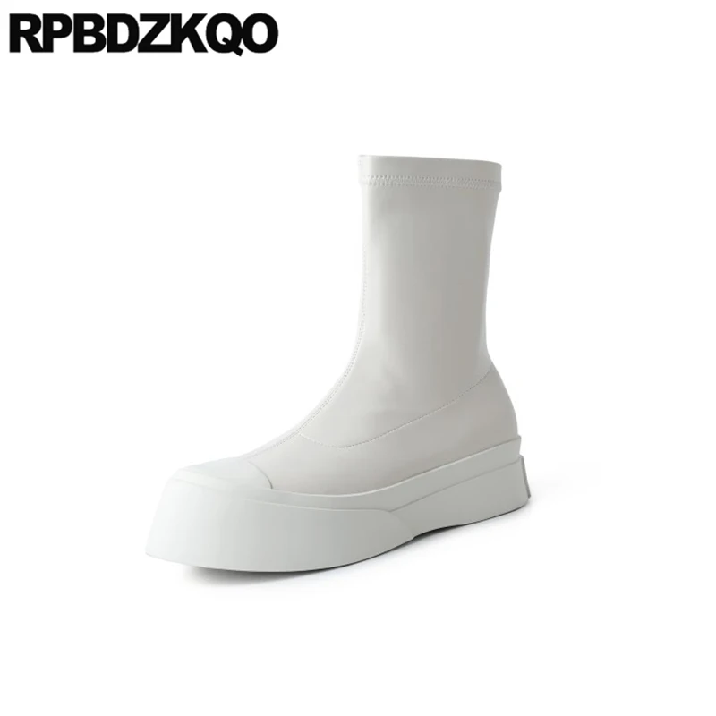 Женские ботильоны на плоской подошве до колена с круглым носком | Обувь