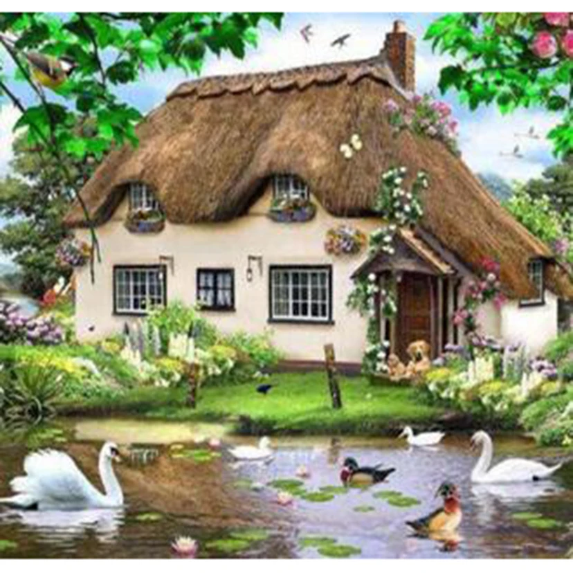 

Diamond Painting 5D DIY Landscape Painting Village Thatched House Beautiful Scenery Picture Square/Round Diamond Cross Art TX395