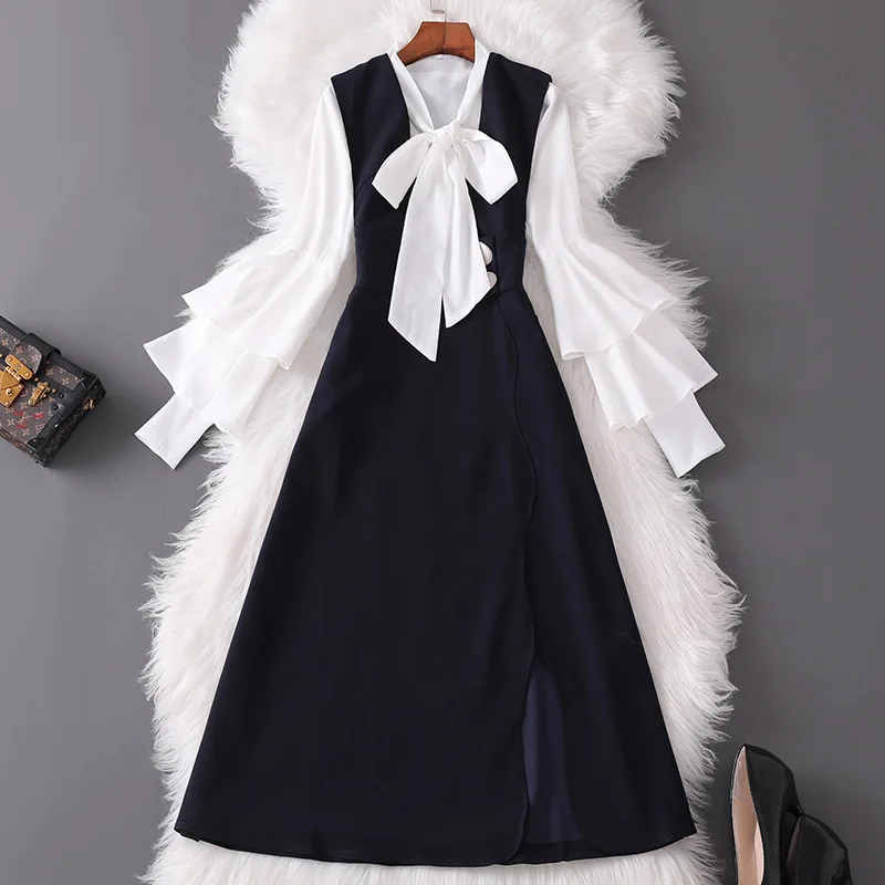 Женский офисный комплект из двух предметов белая рубашка с воротником бантом и