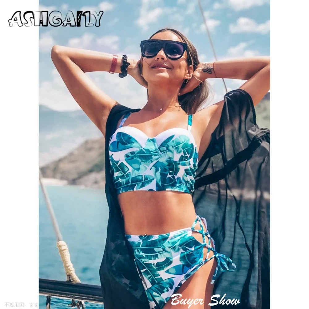 

2021 New High Waist Swimwear Women Swimsuit Print Bikini Bandage Bikinis Set Padded Bathing Suit Biquini Maillot De Bain