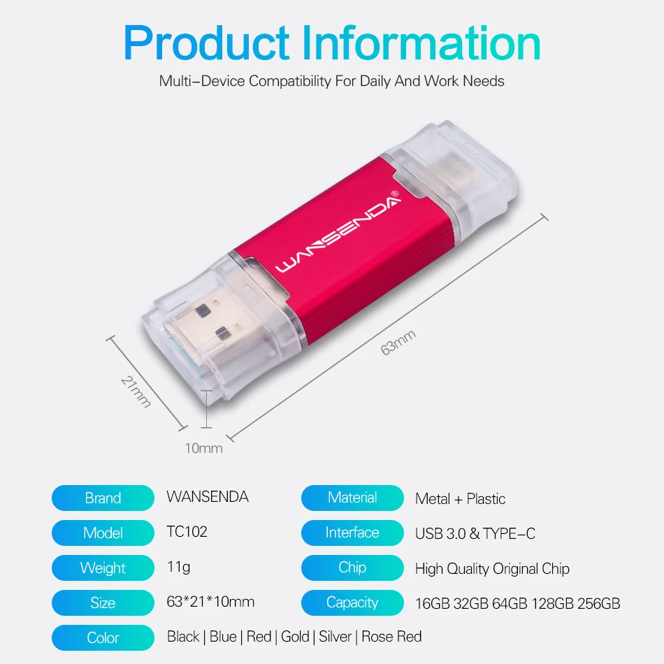 WANSENDA OTG USB Flash Drive 2 IN1 TYPE-C & USB3.0 Pen 256GB 128GB 64GB 32GB 16GB Pendrive Memory Stick for Android/PC |