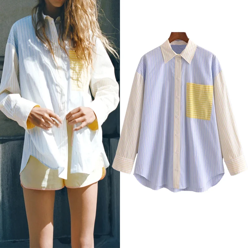 

Za Women Shirt Oversize Blue Striped Blouses Long Sleeve Top Woman Summer 2021 Button Up Shirt Casual Poplin Contrast Pocket